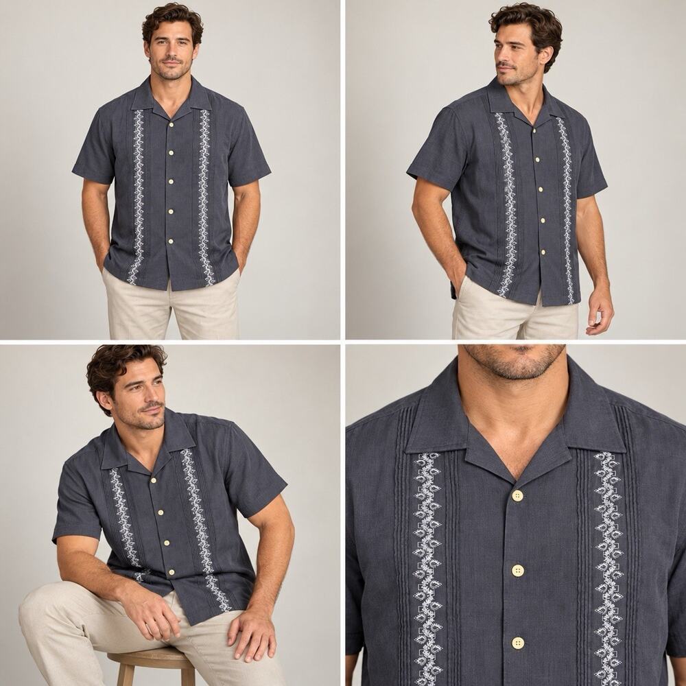 Cubavera Guayabera Shirt Mens L Gray Embroidered Short Sleeve Button Up